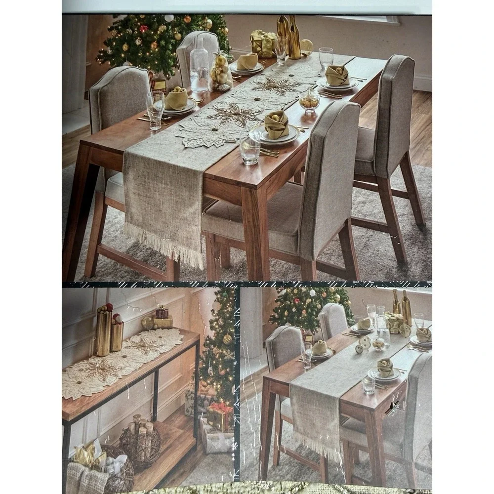 Tahari Set Of 2 Table Runners Neutrals/golds Embroidered 14